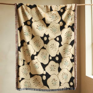 Japanese Floral Woven Cotton Blanket, Neutral Boho Throw