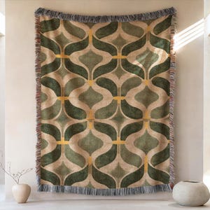 Manta de tejido geométrico, algodón jacquard, diseño abstracto, decoración en verde neutro.