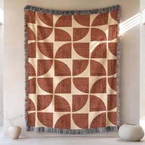 Modern Geometric Quarter-Circle Pattern Woven Blanket, Mid-Century Throw, Terracotta Neutral Cotton Wall Hanging