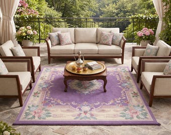 Floral Tufted Area Rug, Vintage Persian Style Carpet, Purple Cream Living Room Decor