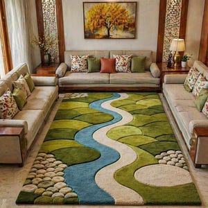 May include: A large area rug with a landscape design featuring a blue river winding through green hills and white pathways. The rug is surrounded by beige sofas with decorative pillows, creating a cozy living room setting.