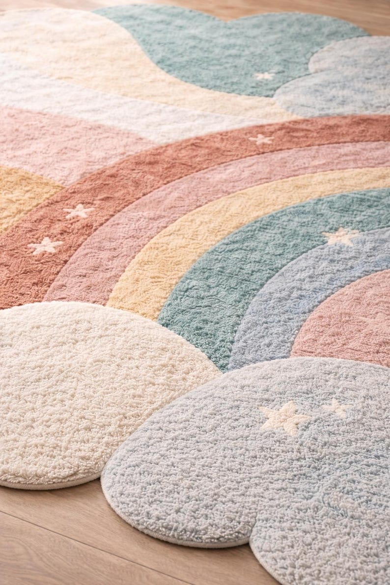 May include: A colorful, round rug with a rainbow design and cloud-shaped accents. The rug features pastel colors including pink, yellow, blue, and cream. White star details are scattered across the rug.