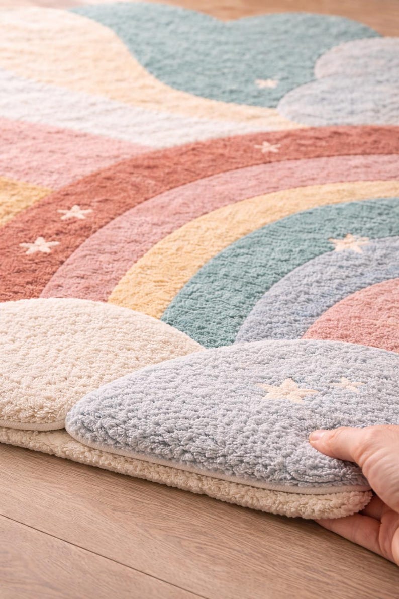 May include: A colorful, soft rug with a rainbow design. The rug features pastel colors including pink, yellow, green, and blue. The rug also has cloud-shaped accents and star details.
