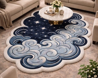 Hand Tufted Moon Clouds Rug, Celestial Star Carpet, Soft Artistic Night Sky Area Rug