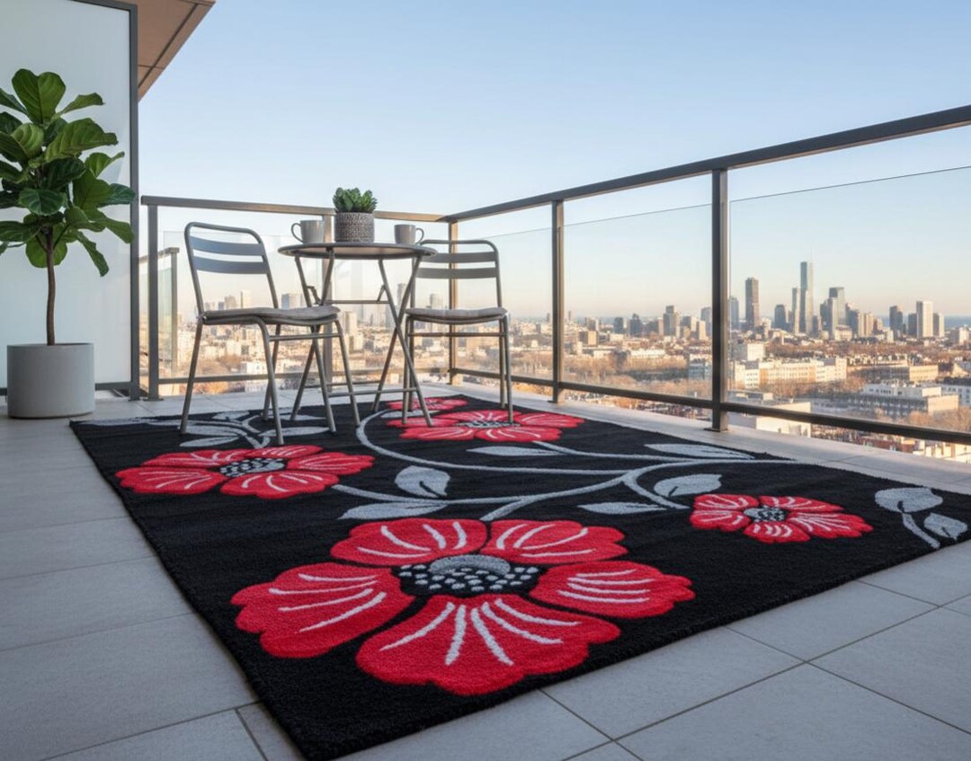 Elegant Red Blossom Outdoor Rug – Modern Floral Balcony & Patio Carpet ...