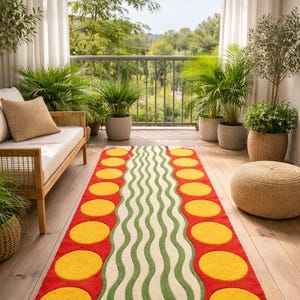 Puede incluir: Una colorida alfombra de exterior con fondo rojo, círculos amarillos y diseño ondulado verde y blanco. La alfombra está colocada en una terraza de madera, rodeada de plantas y una zona de estar, creando un espacio vibrante.