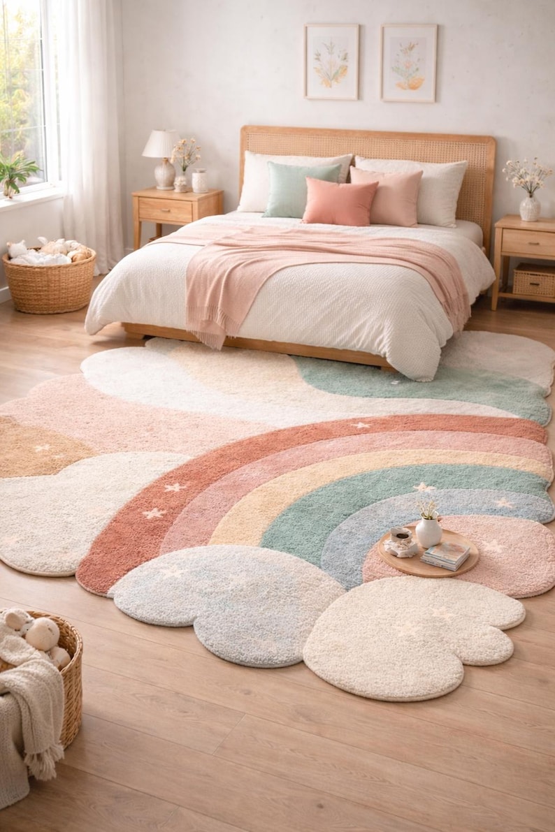May include: A colorful, cloud-shaped rug with a rainbow design in a bedroom setting. The rug features pastel colors like pink, blue, and beige. The bedroom has a bed with pillows and a wooden frame.