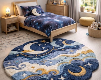 Celestial Moon Tufted Rug, Kids Nursery Cloud Carpet, Soft Plush Starry Night Area Rug