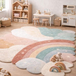 May include: A colorful rainbow-shaped rug with cloud accents in a child's room. The rug features pastel colors and star details. The room also includes wooden furniture, toys, and framed animal art.