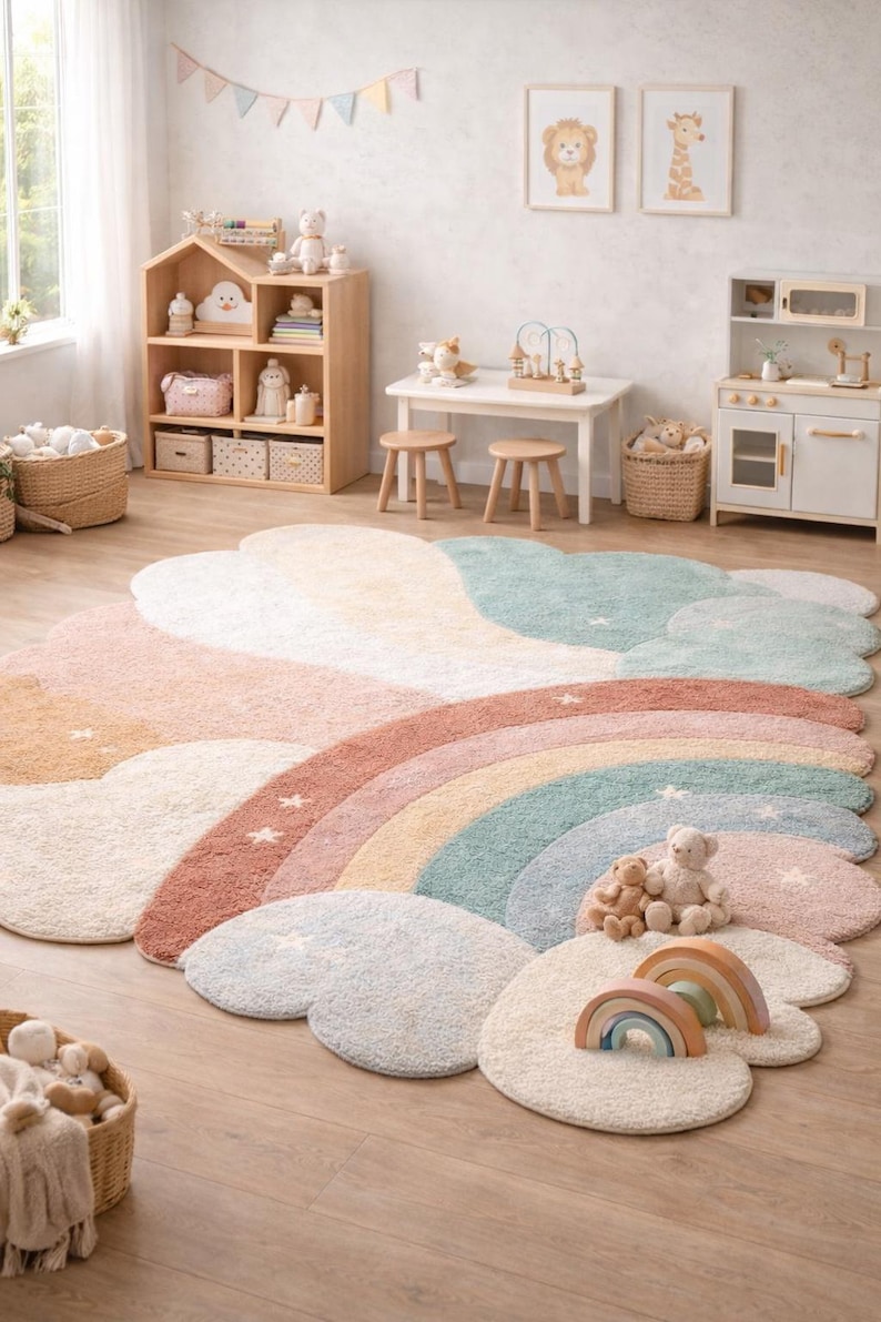 May include: A colorful rainbow-shaped rug with cloud accents in a child's room. The rug features pastel colors and star details. The room also includes wooden furniture, toys, and framed animal art.
