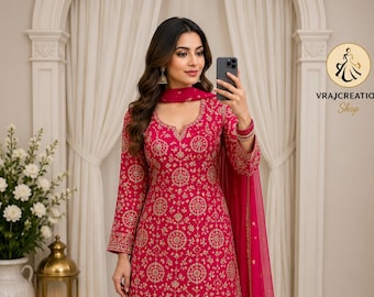 Hot Pink Embroidered Palazzo Suit Set, Pakistani Style Faux Georgette Salwar Kameez