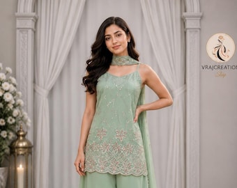 Mint Green Embroidered Kurti Palazzo Set with Dupatta Pakistani Style Faux Georgette Women's Suit