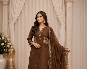 Brown Rayon Kurti Palazzo Set with Gold Embroidery and Tassels  Indian Ethnic Wear