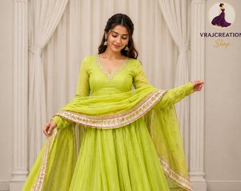 Lime Green Tabby Organza Silk Anarkali Lehenga Set: Mirror Hand Work, Gota Patti Dupatta