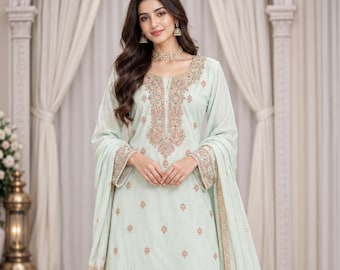 Mint Green Salwar Suit with Cording Sequin Embroidery, Palazzo Pants and Golden Lace Dupatta