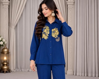 Navy Blue Cotton Kurta Pant Set, Floral Embroidered Women's Co Ord Outfit