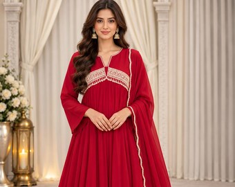 Red l Chanderi Three-Piece Suit Set with Beads Embroidery Indian Ethnic Wear