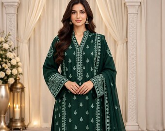Dark Green Embroidered Palazzo Suit Set with Dupatta Festive Party Wear