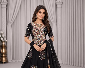 Black Navratri Lehenga Choli, Mirror Work Garba Outfit, Gujarati Chaniya Choli