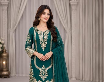 Grön pakistansk salwar-kostym, redo att bära indisk brudklänning,