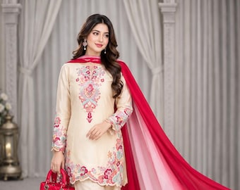 Broderad Farshi Suit Set, Natural Satin Kurta med Farshi Byxor, Georgette Dupatta