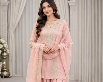 Dusty Pink Farshi Palazzo Suit Set with Embroidered Top and Organza Cutwork Dupatta