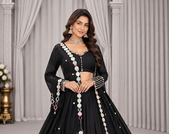 Black Mirror Work Lehenga Choli, Embroidered Rayon Garba Outfit