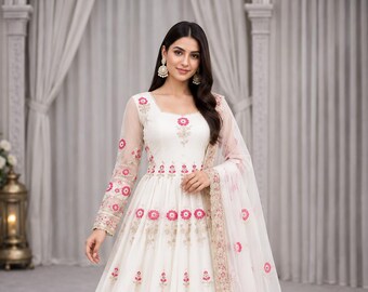 White Pink Anarkali Gown, Fendy Silk Gown Set, Embroidered Indian Dress