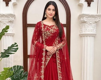 Designer Indian Saree with Net Dupatta  Festive Party Wear Saree