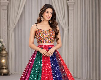 Flerfärgad Gamthi-spegelarbete Lehenga Choli, Gujarati-tryckt Lehenga-set