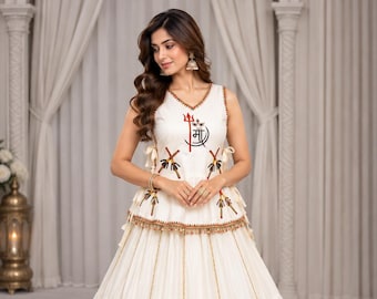 Lehenga Choli i ren bomull, handtryck, 7 meter stil, Koti ingår