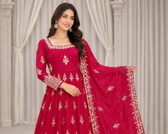 Rosa designer Anarkali-klänningset, Fendy sidenklänning Anarkali, broderad indisk etnisk klädsel