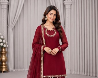 Maroon Mirror Work Palazzo Suit, Georgette Traditional Indian Outfit