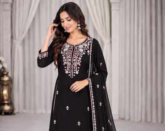 Black Rayon Satin Palazzo Suit with  Georgette Dupatta, Ready to Wear Indian Outfit