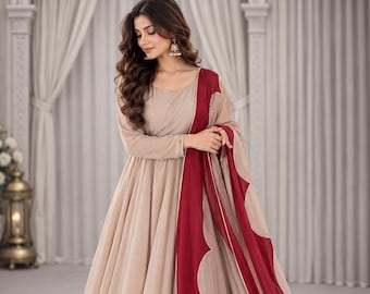 Beige Cotton Anarkali Suit Set with Khadi Cotton Pants and Butterfly Net Dupatta