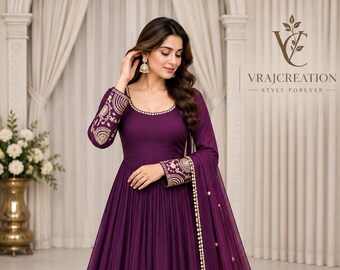 Purple Upada Silk Anarkali Gown Set With Embroidered Dupatta
