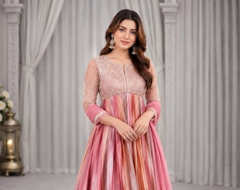 Pink Embroidered Gown, Moss Silk Indian Dress with Party wear