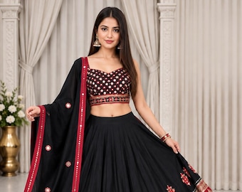 Black Maroon Mirror Work Lehenga Choli Set  Printed Reyon Navratri Dress