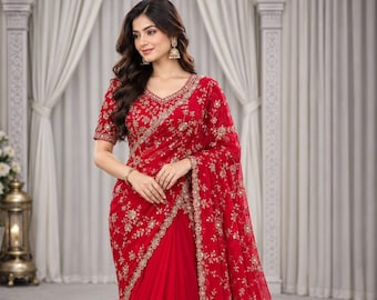 Red Silk Saree with Bead and Sequin Embroidery, Embellished Blouse Fabric, Wedding Party Wear