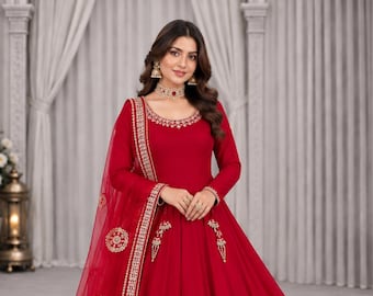 Red Anarkali Suit Set, Vichitra Silk Embroidered Indian Dress
