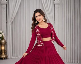 Pink  Lehenga Choli with Mirror Work Koti, Indian Ethnic Outfit