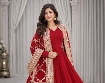 Maroon Anarkali Gown with Embroidered Dupatta Festive Dress