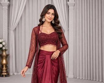 Burgundy Sequin Skirt Set, Embroidered Butterfly Net Shrug Outfit