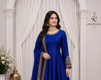 Royal Blue Chinon Anarkali Suit Set with Gold Embroidery for Women