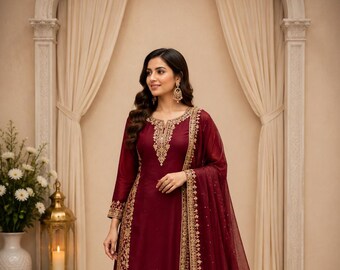 Maroon Embroidered Georgette Palazzo Suit Set for Women Indian Wedding Festival Outfit