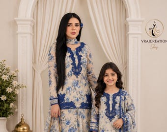 Blue Floral Embroidered Anarkali Gown Set Mother Daughter Matching Outfits