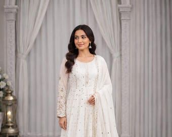 White Embroidered Anarkali Gown Set with Pants, Dupatta Indian Wedding Dress