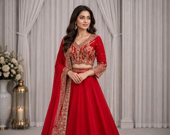 Röd Designer Lehenga Choli Tungt Broderad Bröllopsoutfit