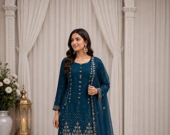 Teal Satin Embroidered Kurti Palazzo Set with Dupatta  Indian Wedding Party Wear