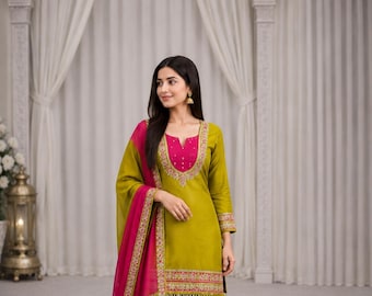 Lime Green Kurti Palazzo Set Mirror Work and Kota Checks Dupatta Festive Ethnic Wear